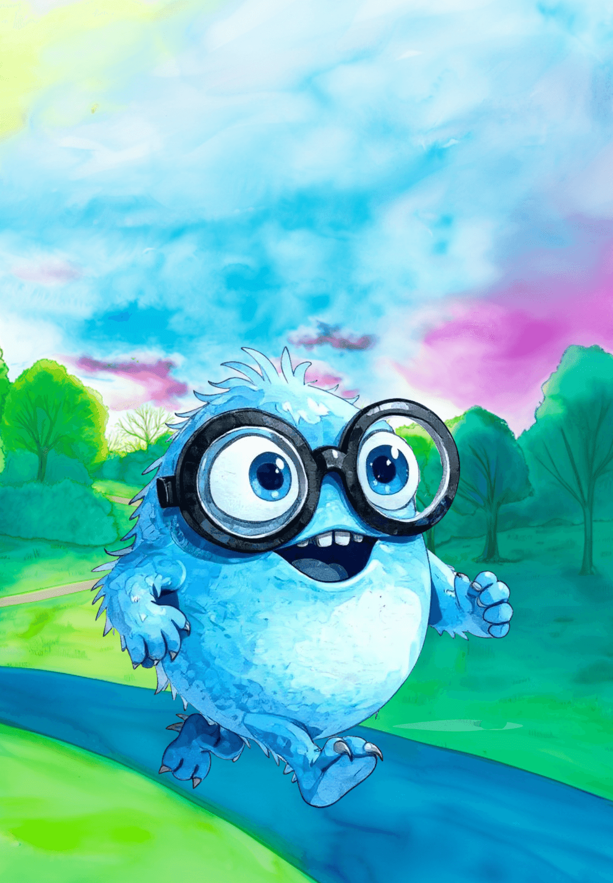 Neeko, a fuzzy blue monster wearing big round black glasses, running happily along a blue path through a green park.